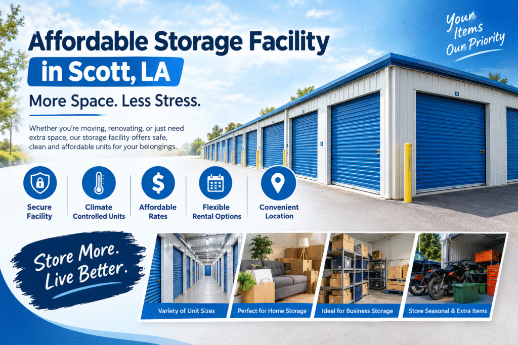 Affordable storage facility in Scott, LA with secure and climate-controlled storage units